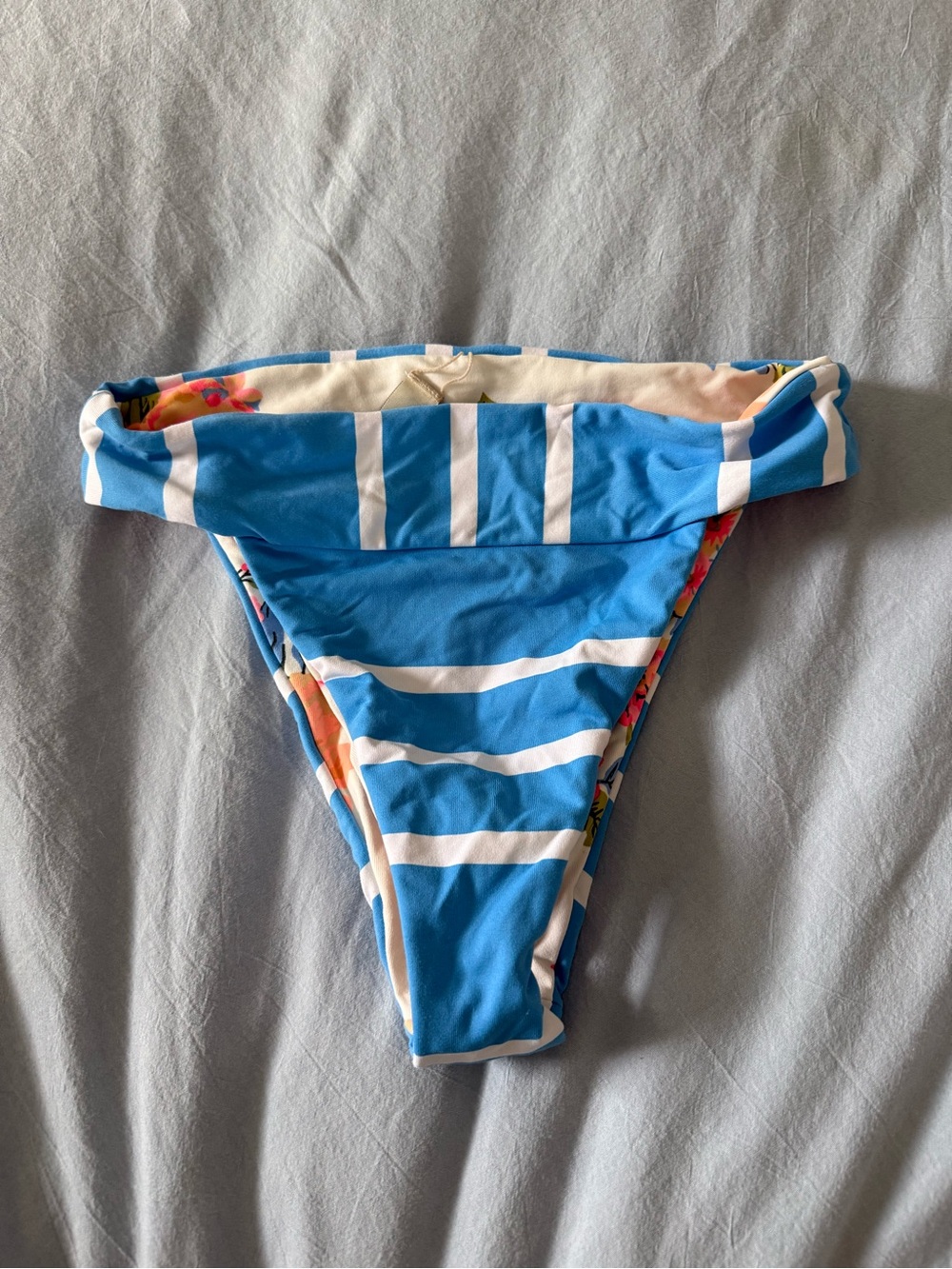 Maaji Blue and White Striped Bikini Bottom with Floral Trim- reversible